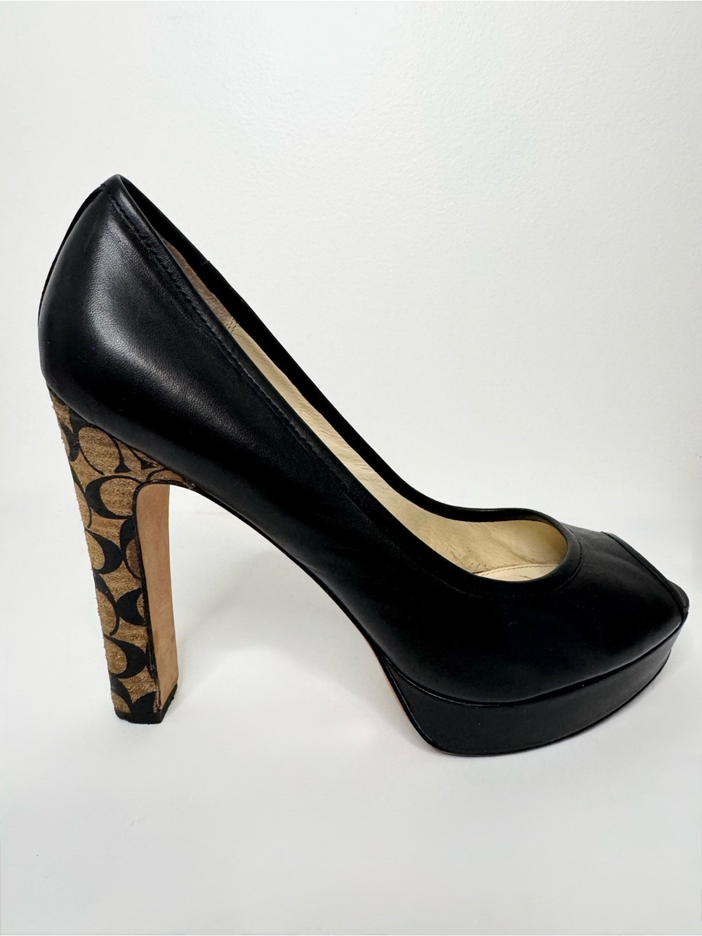 Coach Black Leather Pumps with Signature Monogram Heel - Picture 13 of 16